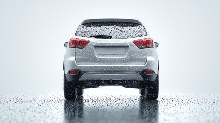 A sleek white SUV parked on wet pavement, raindrops glistening in the light for a moody and reflective atmosphere.