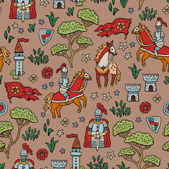 Seamless medieval vector pattern with knights, horses and castles. Dragon and rider. Hand-drawn like an ancient tapestry. For textile and paper design.
