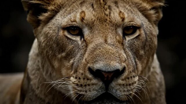 A detailed close-up of a lion's face, with its intense amber eyes and tawny fur
