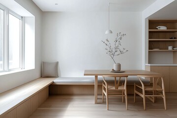 Fototapeta premium Minimalist Dining Area with Wooden Table and Natural Light Features