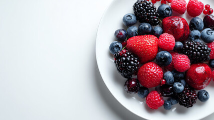 A vibrant assortment of fresh berries on a white plate, showcasing the beauty and appeal of healthy snacks.
