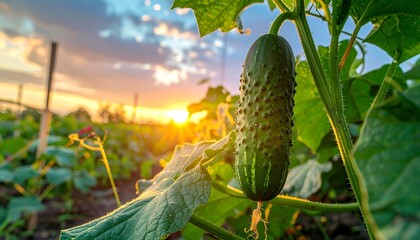 Fresh Cucumber Growing in Garden at Sunset.