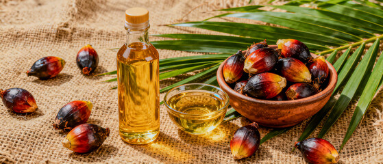 Ripe palm fruits and processed golden palm oil displayed in a bottle and bowl, set on rustic burlap with green palm leaves, highlighting natural and organic products.
