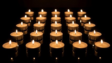 A luminous array of flickering tea light candles casting a serene glow in the darkness