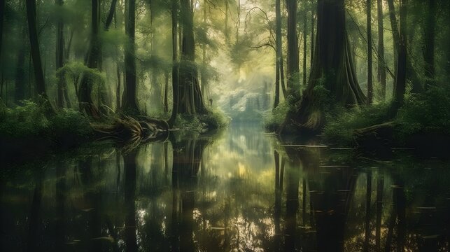 Enchanted cypress swamp landscape with sunbeams filtering through misty trees, serene nature scene - Powered by Adobe