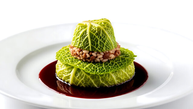 Haute cuisine. Italian 'Cappello di Prete' (Priest's Hat), a classic Piedmontese dish of stuffed cabbage leaves shaped like a hat, filled with meat and risotto 
