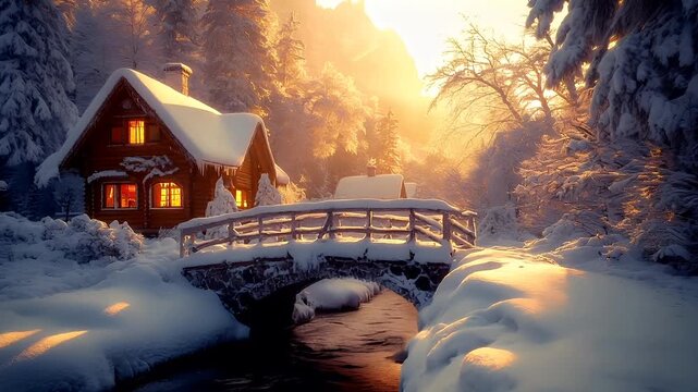 A vivid winter landscape with a rustic wooden cabin nestled amidst snowcovered trees. The sun casts a warm, golden hue over the scene, creating a serene and tranquil atmosphere. The cabin.