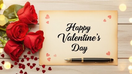 Valentines day card with roses and hearts on wooden table