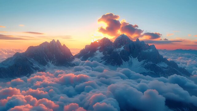 A vivid digital artwork of a mountainous landscape enveloped in clouds during sunset. The sky is painted in hues of orange, pink, and blue.
