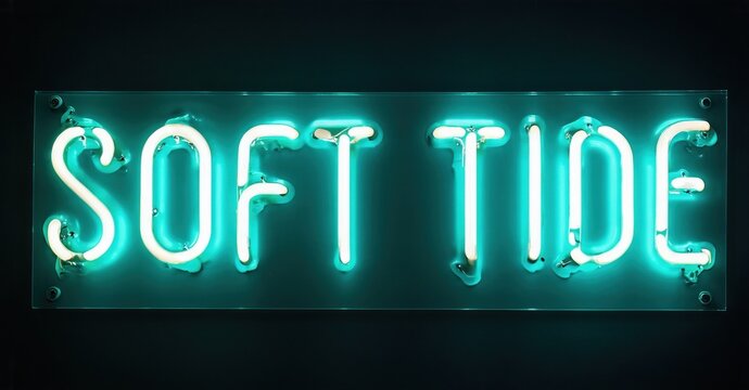 Bright neon sign displays words soft tide. Turquoise glow contrasts dark background. Minimalist design evokes coastal vibes. Simple, modern aesthetic. - Powered by Adobe