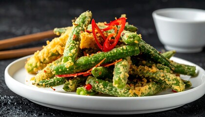 Crispy Tempura Green Beans with Chili Garnish - A Culinary Delight.