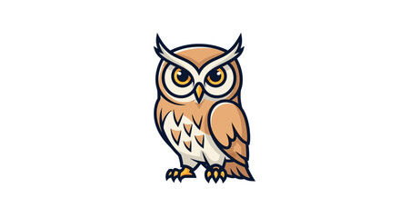 Cute cartoon owl with big yellow eyes and brown feathers standing alone