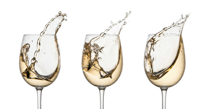 three identical crystal wine glasses capturing pale golden white wine liquid vigorously splashing high above the rim, against a transparent cyclorama background. concept for beverage advertising