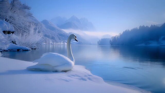 A tranquil winter scene featuring a white swan resting on a snowcovered bank beside a serene lake. The swan is the central focus.