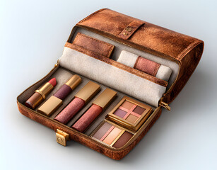 Cosmetic bag with makeup products on white background