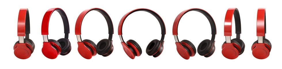 Wireless stereo headphones in red and black colors on a white isolated background
