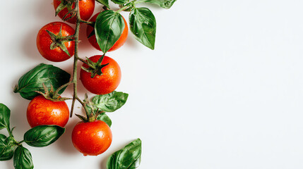 Fresh tomatoes on a branch with vibrant green leaves against a clean white background.