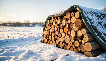 Stacked firewood covered in snow on a winter field