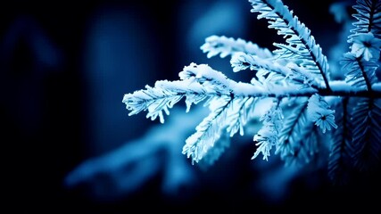 A closeup of a snowcovered pine tree branch against a dark, blurred background. The snowflakes are pristine and white, contrasting starkly with the deep blue hues of the surrounding environment. - Powered by Adobe
