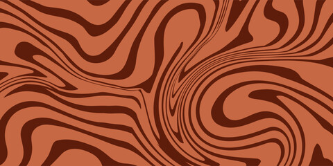 Retro Coffee Color Background. Liquid chocolate milk dessert texture. Wavy swirl candy pattern for poster, cover, banner, flyer. Classic 60s or 70s style brown trippy hippie wallpaper. Vector