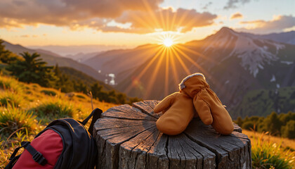 Warm mittens resting on a log at sunrise in mountainous landscape  
