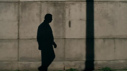 Shadow of an anonymous man walking along a concrete wall in bright sunlight. Conceptual image representing a journey, loneliness or the passage of time in an urban setting - Powered by Adobe