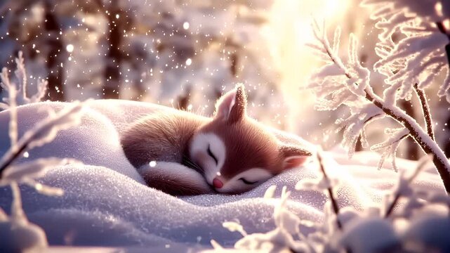 A closeup of a sleeping fox in a snowy setting. The fox is depicted with a soft, warm color palette, primarily consisting of browns and whites, with a hint of pink on its nose.
