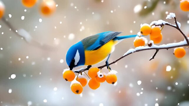 A vivid, closeup shot of a blue and yellow bird perched on a branch covered in snow. The bird is surrounded by a cluster of bright orange berries.