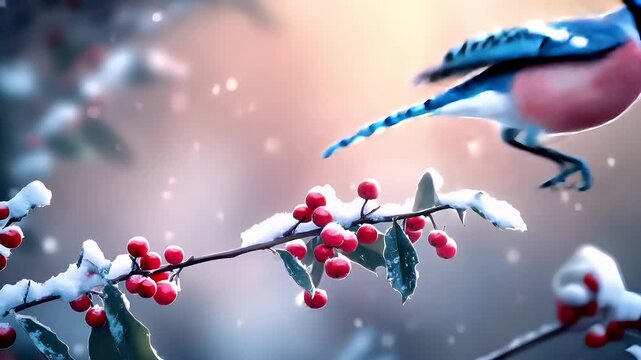 blue jay in snow with red berries and snowflakes.