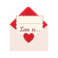 Vector illustration of an open envelope with a love letter. The envelope is sealed with a red heart.