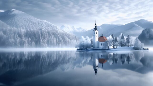 A serene winter landscape featuring a church with a steeple and a red roof, set against a backdrop of snowcovered mountains and a calm lake. The church is surrounded by a pristine white landscape.