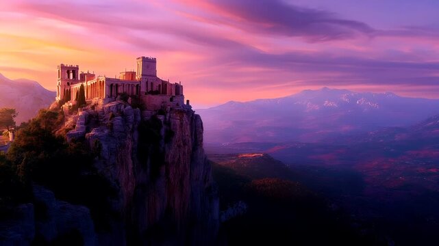 A vivid portrayal of a castle perched atop a rocky outcrop, set against a backdrop of a serene sunset. The castles architecture is reminiscent of ancient GrecoRoman designs.