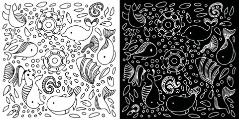Detailed illustration of various fish and marine life in a doodle style © Rathindranath