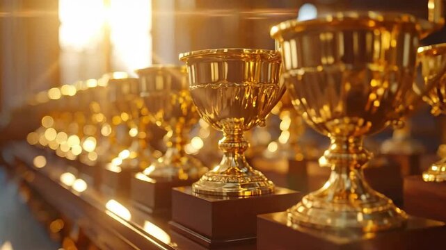 Golden trophies standing in a row on wooden surface, bathed in sunlight.