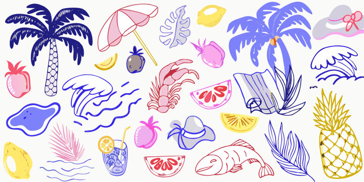 Colorful summer illustration featuring tropical fruits beach items and marine life