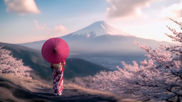 Spring booming. Life. New hope. Season. A woman in a kimono with a red umbrella stands against a backdrop of a mountain and a clear sky. She is positioned on a grassy hill.