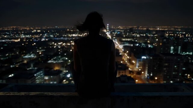 Adult female silhouette sitting on a rooftop edge overlooking the city at night. Pensive woman contemplating life while watching the illuminated urban landscape from above