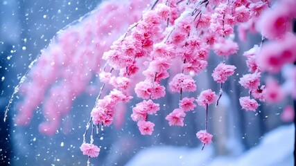Spring booming. Life. New hope. Season. pink cherry blossom flowers in snow, with a blurred background and a bokeh effect that gives the image a dreamy, ethereal quality.