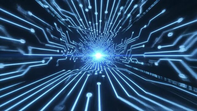 Abstract digital circuitry tunnel visualization in blue glowing lines