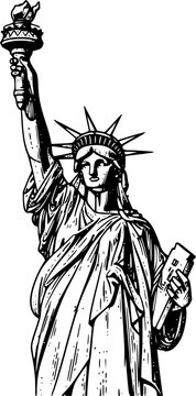 Liberty statue sketch engraving black and white outline. Scratch board imitation. illustrated in vintage line art style on a white background.
