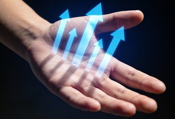 A hand is open with glowing blue arrows