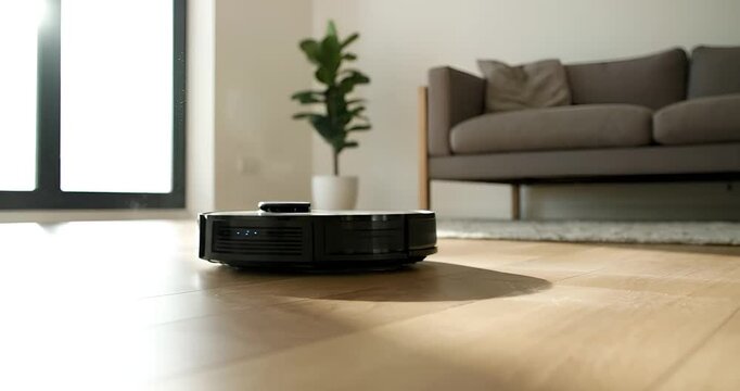 Smart robot vacuum cleaning sunny living room
