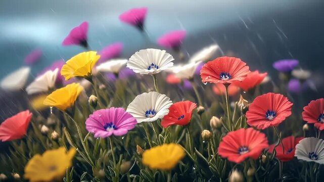 Spring booming. Life. New hope. Season. A closeup of a field of flowers with a blurred background, suggesting a shallow depth of field. The flowers are vibrant and varied in color.