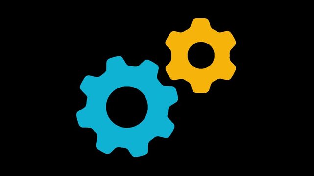 Two brightly colored mechanical gear icons interlocked against a solid black background symbolizing engineering teamwork and digital process synchronization