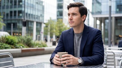 Young man entrepreneur drinking coffee outdoors at cafe in business district  