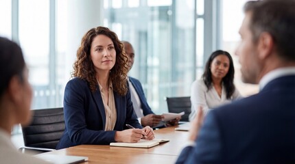 Businesswoman listening attentively during meeting in high-rise office  