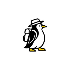 Cute penguin traveler mascot wearing hat and backpack, flat vector illustration of adventure bird character