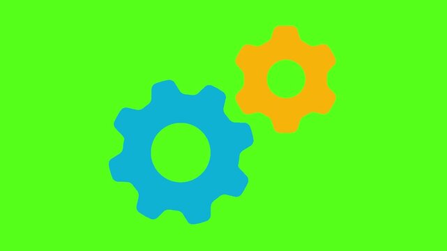 Two brightly colored interlocking gear icons are prominently displayed against a vibrant chroma key green background symbolizing mechanical process and collaboration.