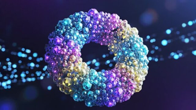 Abstract shimmering crystal torus with dazzling blue and purple highlights floating against a dark background.
