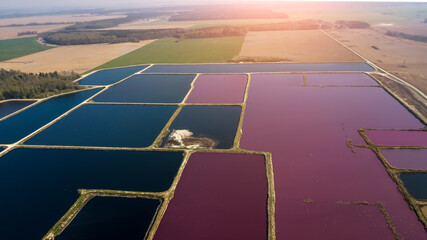 City station for wastewater treatment. A lot of ponds with dirty and cleaned water. Aerial view